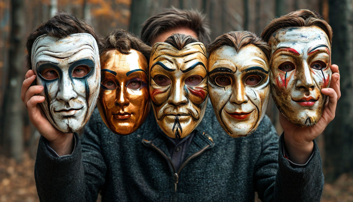 Человек держит несколько масок в руках, символизируя попытки соответствовать разным ожиданиям.