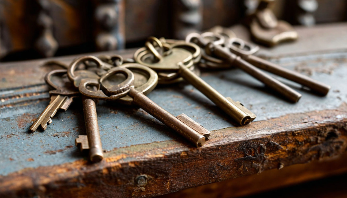 Связка старых ключей, лежащих на полке, с одним ярким новым ключом сверху.