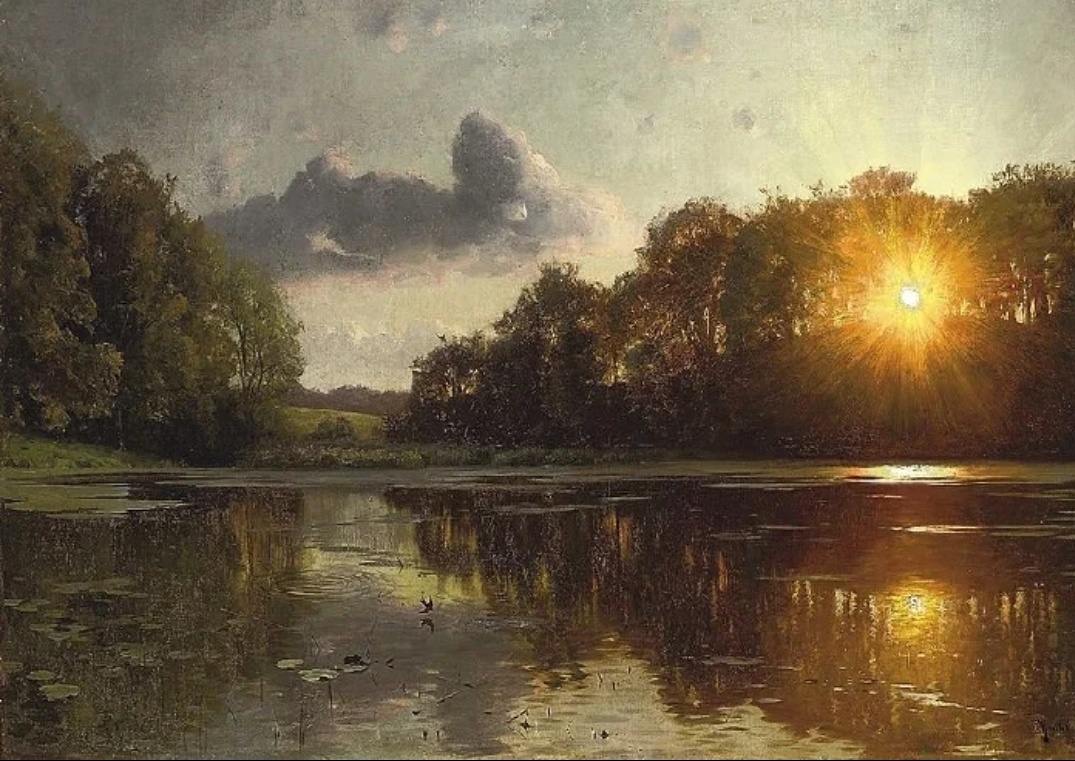Закат над лесным озером. Художник Петер Мёрк Мёнстед. 