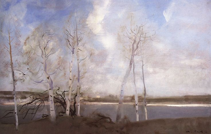 Весна. 1975 г.  Оргалит, масло. 61 х 91 см, музей – заповедник А. С. Пушкина