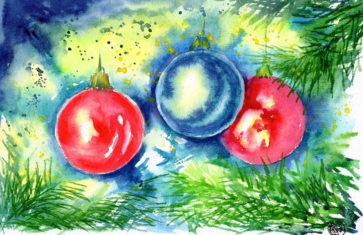 Новогодние шарики акварелью. Я о них мини-видео делала, когда пробовала бумагу неизвестной марки.