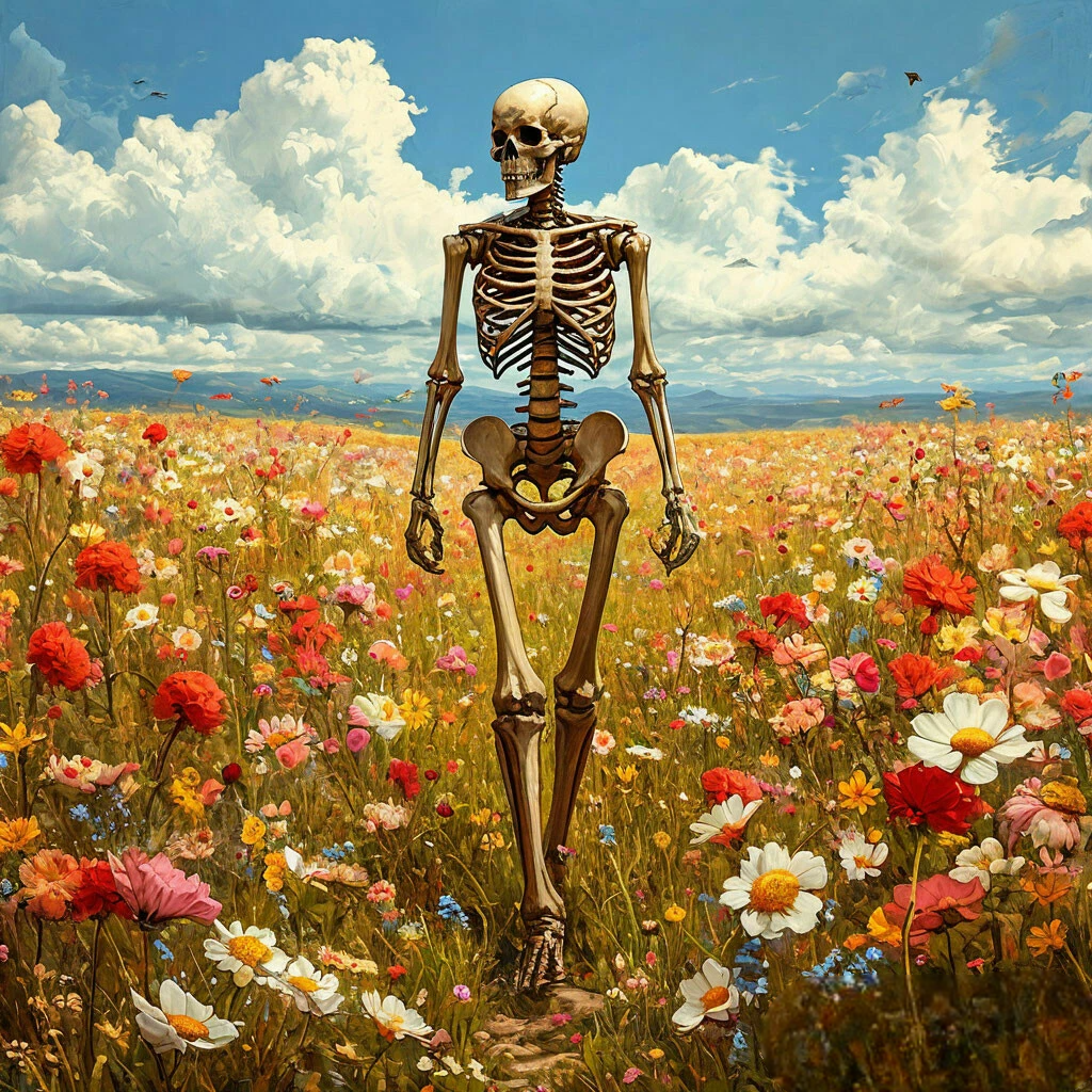 Поле цветов - это лживая мысль о здоровье, а склет олицентворят, что человек на самом деле уже неизличимо болен.