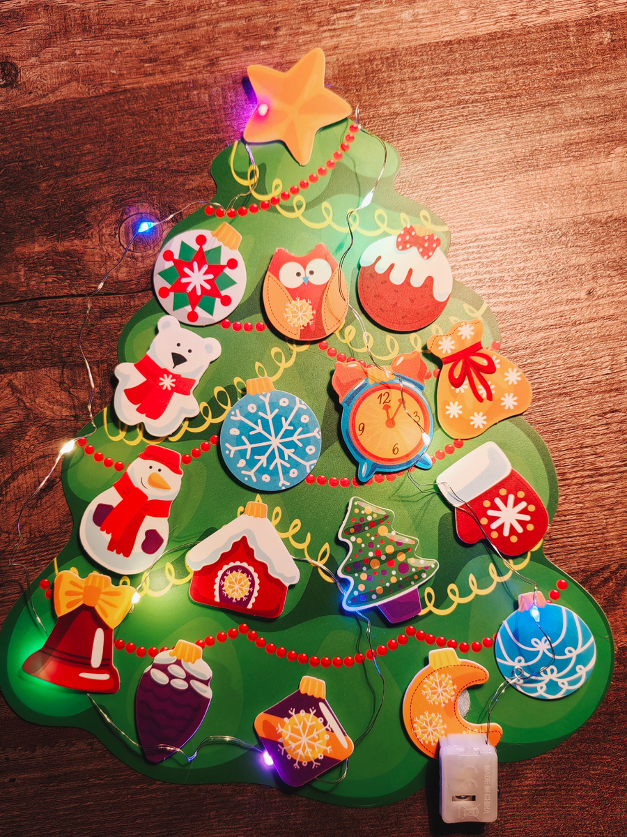 Очень классная игрушка. Развивает мелкую моторику, речь (когда наряжает, прошу называть предметы). А ещё нашлась маленьая гирлянда - вообще восторг!