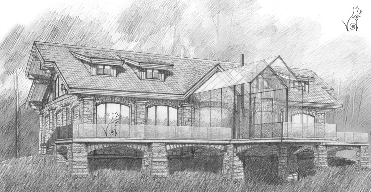 Эскиз дома охотника с трофейным залом. Первый вариант. Рисунок карандашом.