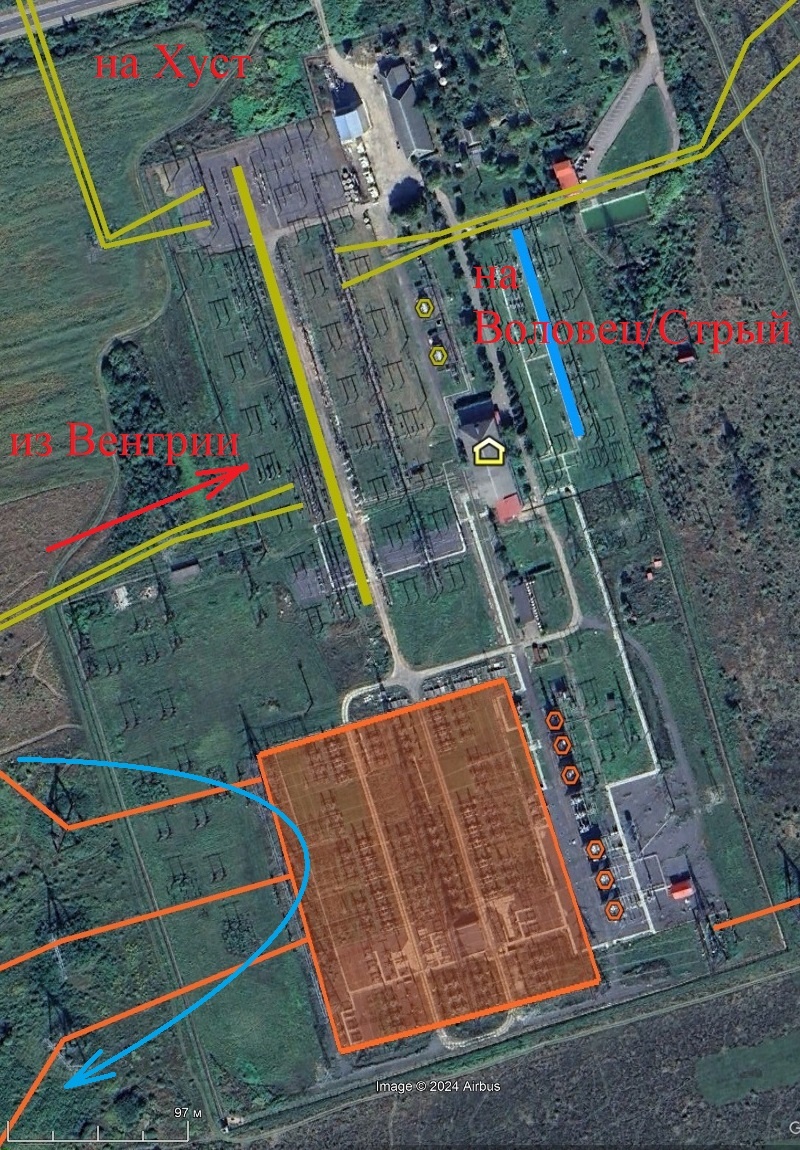 Цвета как обычно, шестиугольники – автотрансформаторы 400/220 и 220/110 кВ. Голубая стрелка – закарпатский транзит.