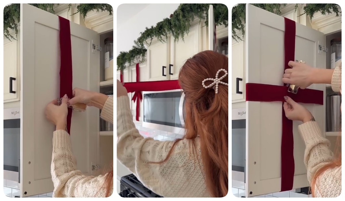 Режем ленты на полоски, длинною чуть больше чем в 2 раза по ширине и длине фасада кухни. И скрепляем концы этих полосок обычным канцелярским степлером.