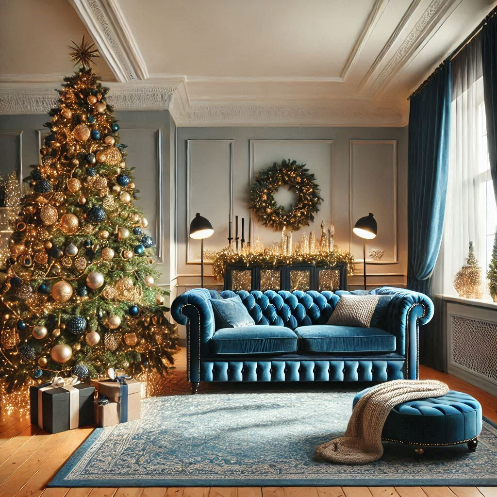 Новогодний декор гостиной, диван и банкетка Chester