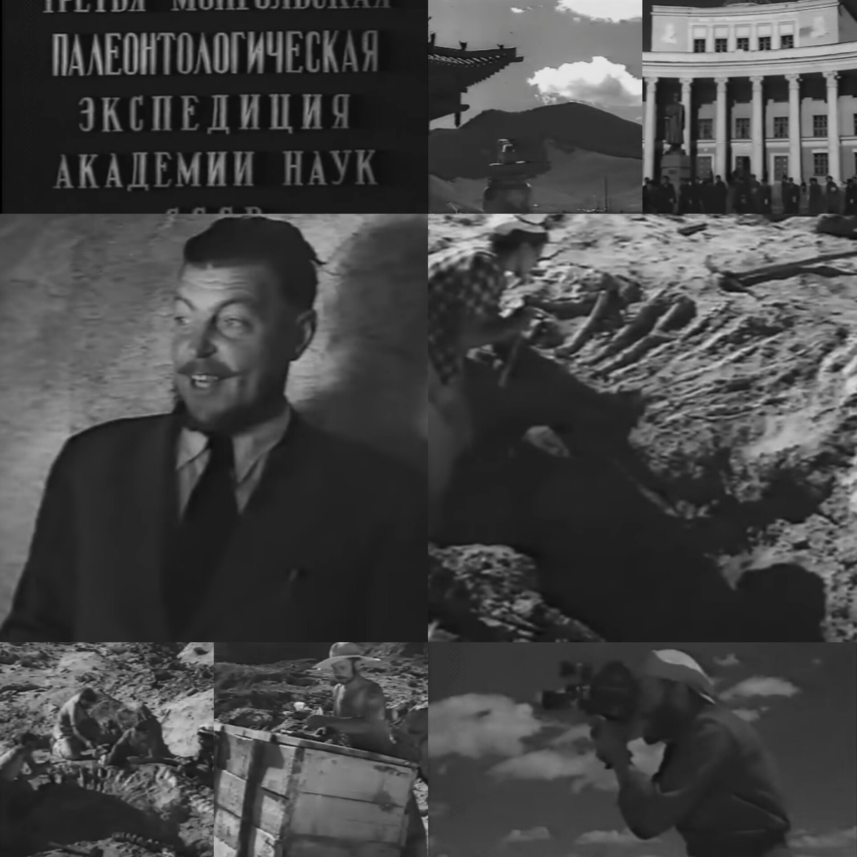 Коллаж автора из скриншотов кадров из отчётного фильма о 3-й Монгольской экспедиции в 1949 году 