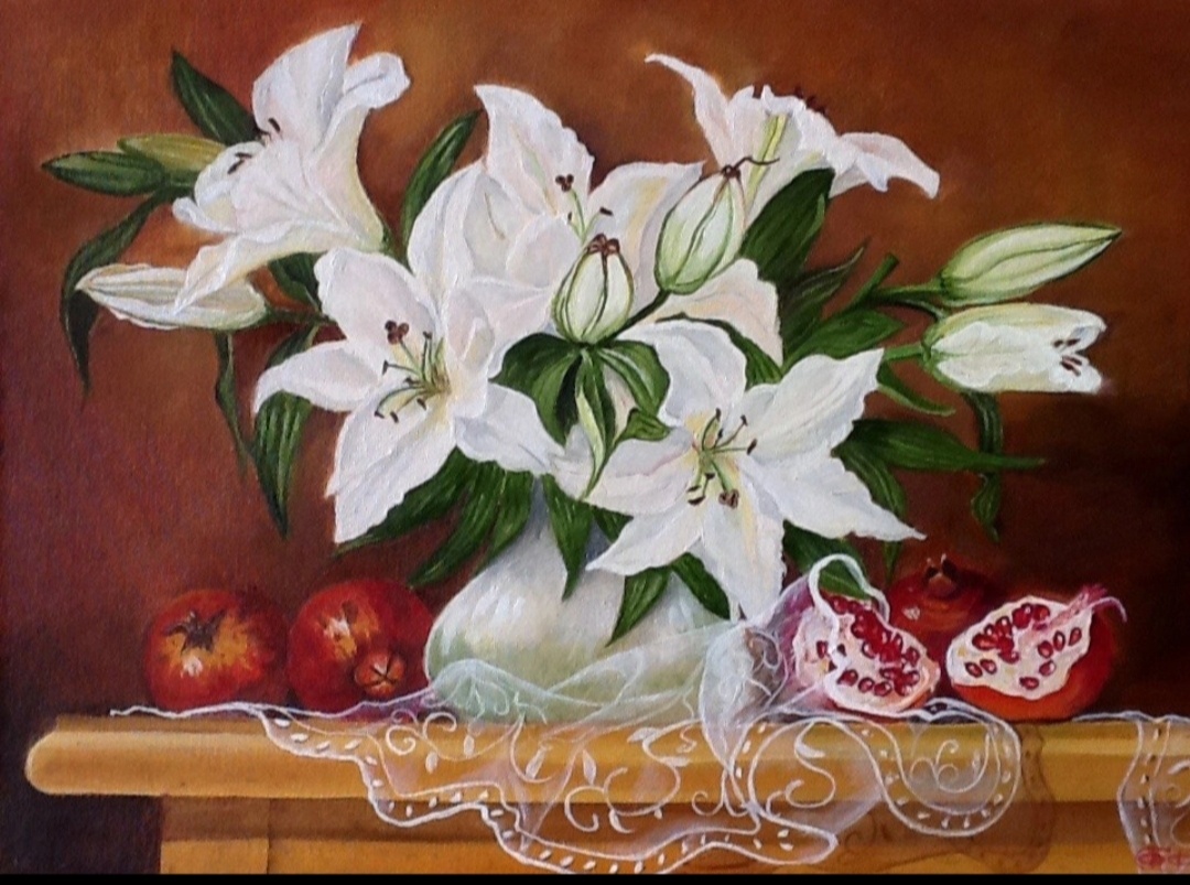 Натюрморт маслом 30х40 " Аромат белых лилий".Написан по фото с интернета. 