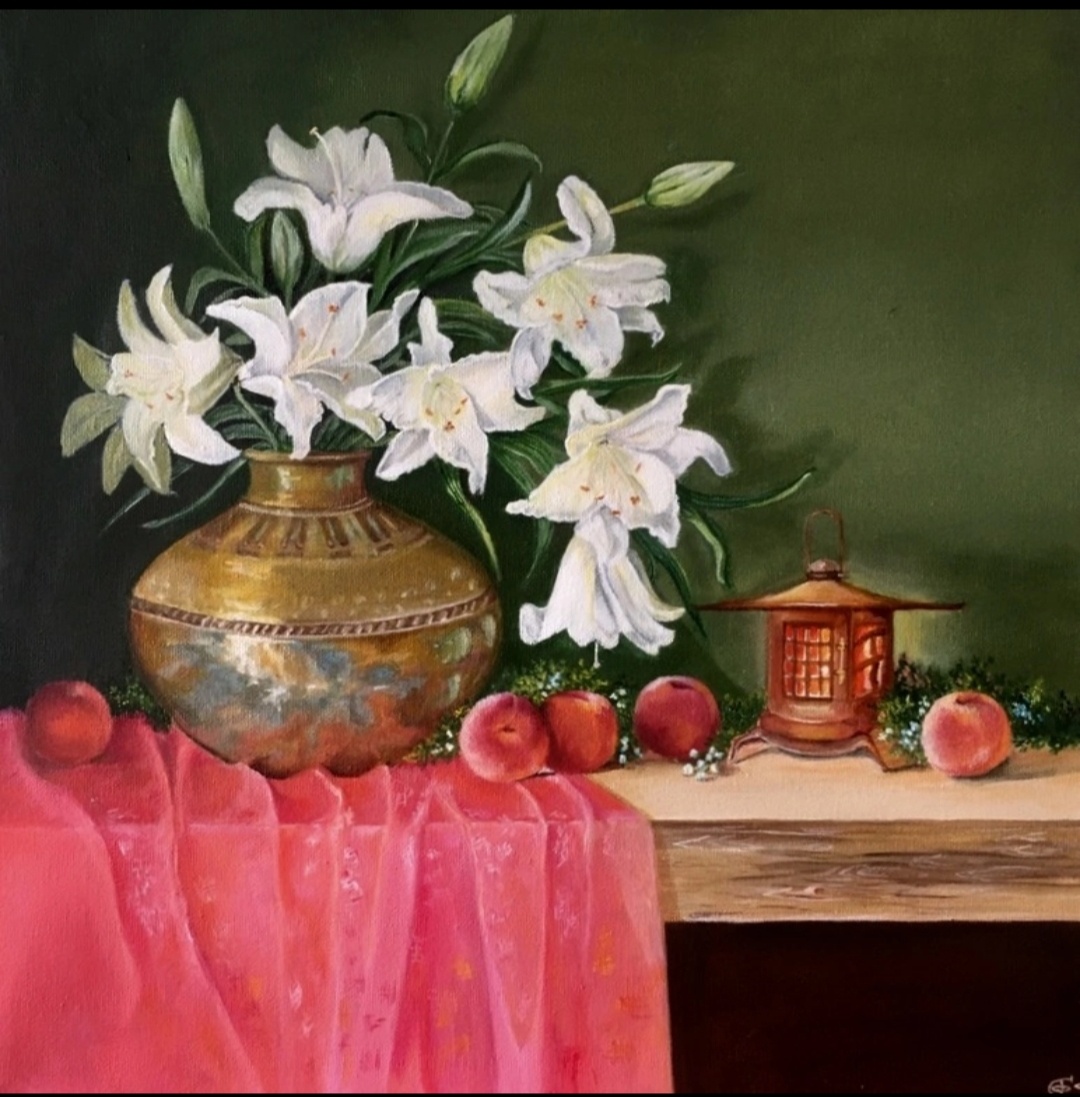 Натюрморт маслом 40х40 "Белые лилии" писала по фото с интернета. 