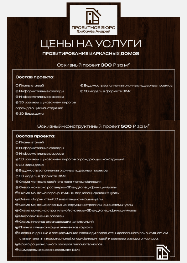 Прайс на проектирование каркасного дома