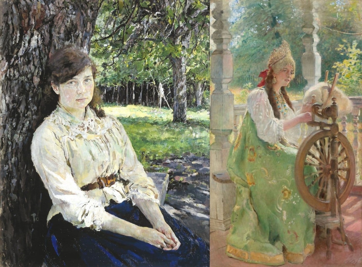 Справа: Константин Маковский. За прялкой. 1900-е. Третьяковская галерея.