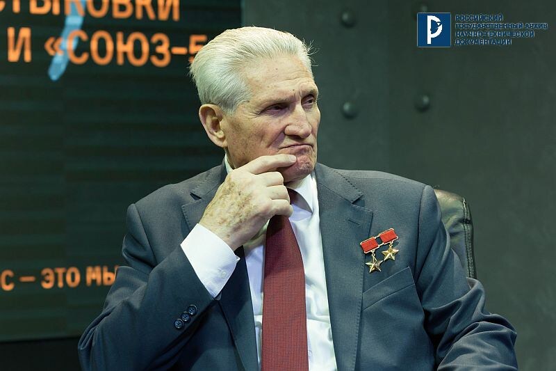 Б.В. Волынов на пресс-конференции к 50-летию стыковки космических кораблей «Союз-4» и «Союз-5» в Мемориальном музее космонавтики. Москва, 16 января 2019 г. РГАНТД. Ф. 99. Оп. 92-31. Д. 4. 