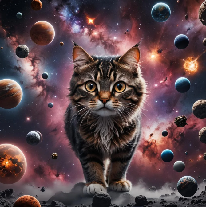 Кот в космосе, сгенерированный NightCafe AI (Источник: NightCafe AI)