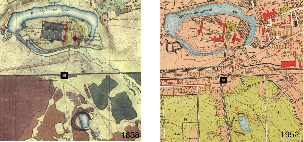 Дом лесничества на топографическом плане Москвы 1838 года и плане Москвы 1952 года. Выделен черным. Источник: сайт retromap.ru