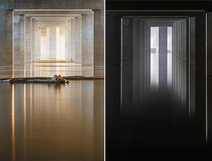 Эта сцена была снята в разное время суток. Левый снимок был сделан на рассвете с EV 4. Правый, снятый ночью, когда городские огни создают освещение, имеет EV -2