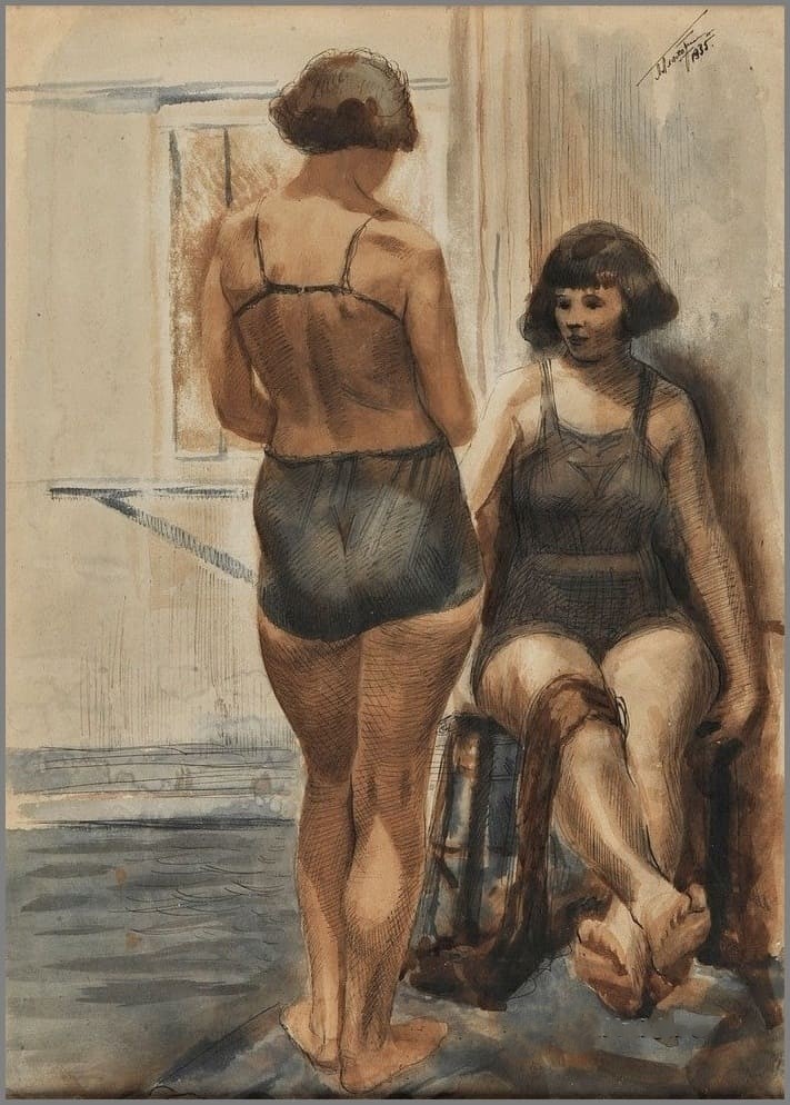 Плахотный Петр Алексеевич (1908-1963) «Пловчихи» 1935 год. Подпись и дата тушью «П.Плахотный/ 1935» вверху справа.
На обороте надпись «Плахотный/ 1935 Петр/ Ленинград/ (мастерская проф. И. И. Бродского)/
Всероссийская Академия художеств)».
Оформлена в современную раму с паспарту.