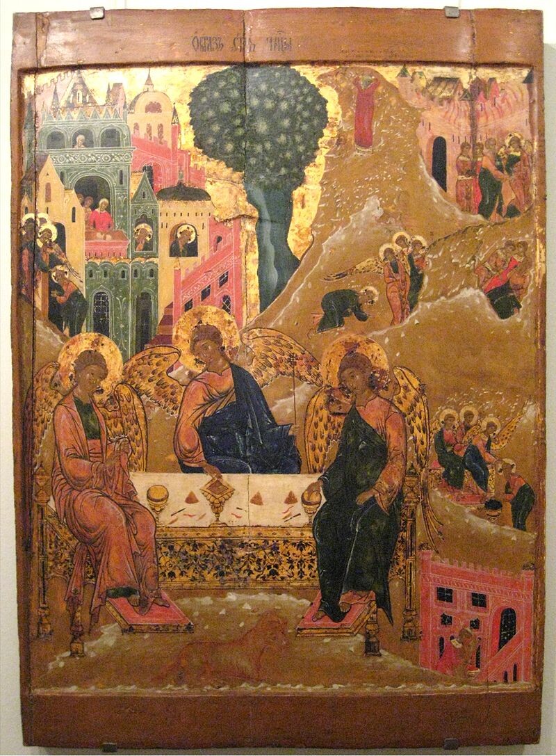 Троица Ветхозаветная (с хождением). Икона XVII века. Композиция включает сцены хождения Троицы: Авраам встречает ангелов, омывает ноги, Сарра месит тесто, слуга и т.д.