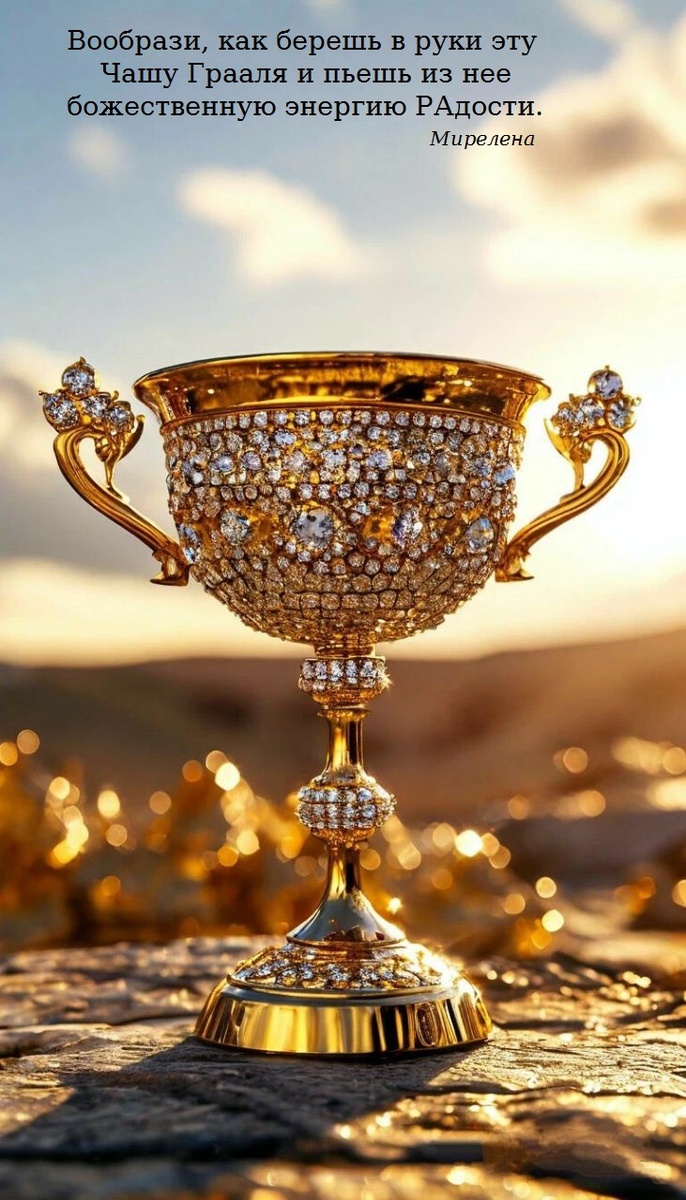 Сама Чаша как перевернутая императорская корона. Каждая "ручка" чаши в виде волны, на вершине которой, 4 крупных бриллианта. Посредине "ножки" чаши две соединенные основаниями округлые пирамидки. Подставка чаши - большая трех-ступенчатая пирамида.