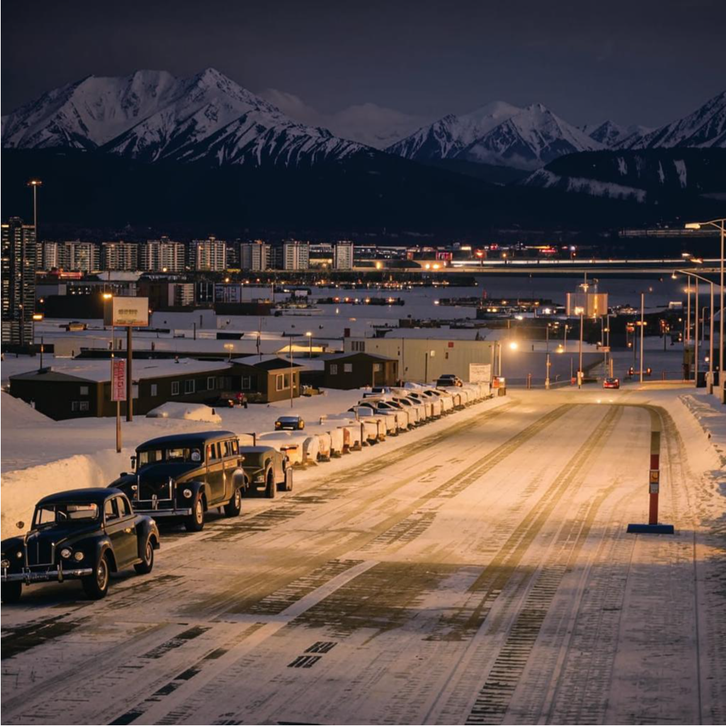 Очередь из машин на въезде в военную базу Ричардсон, где организована эвакуация из штата. Создано нейросетью Кандинский 