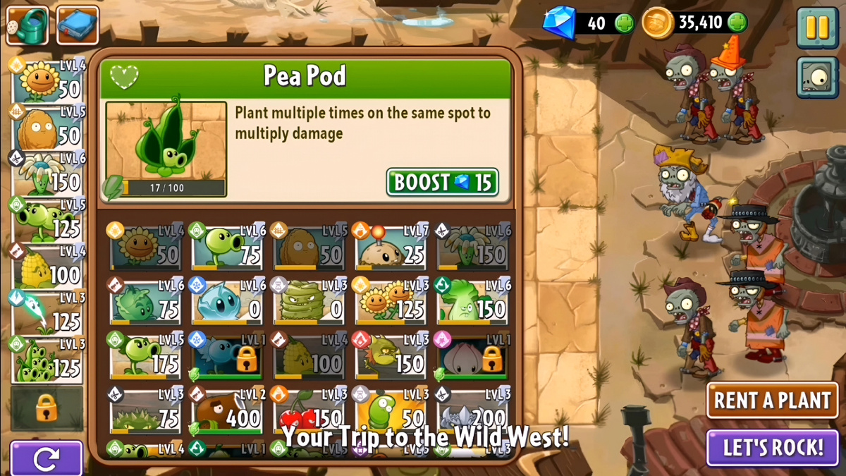 Моя раскладка для прохождения Wild West - Day 19 Goals (скрин игры PvZ2) 