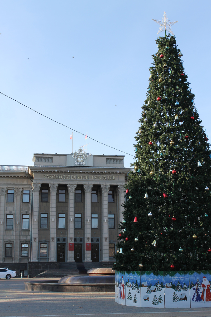 На фото здание Законодательного собрания Краснодарского Края и Новогодняя ёлка напротив.