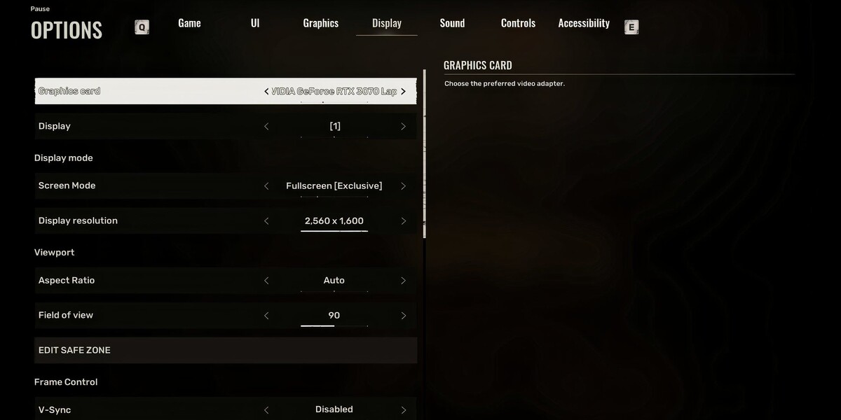 Меню настроек