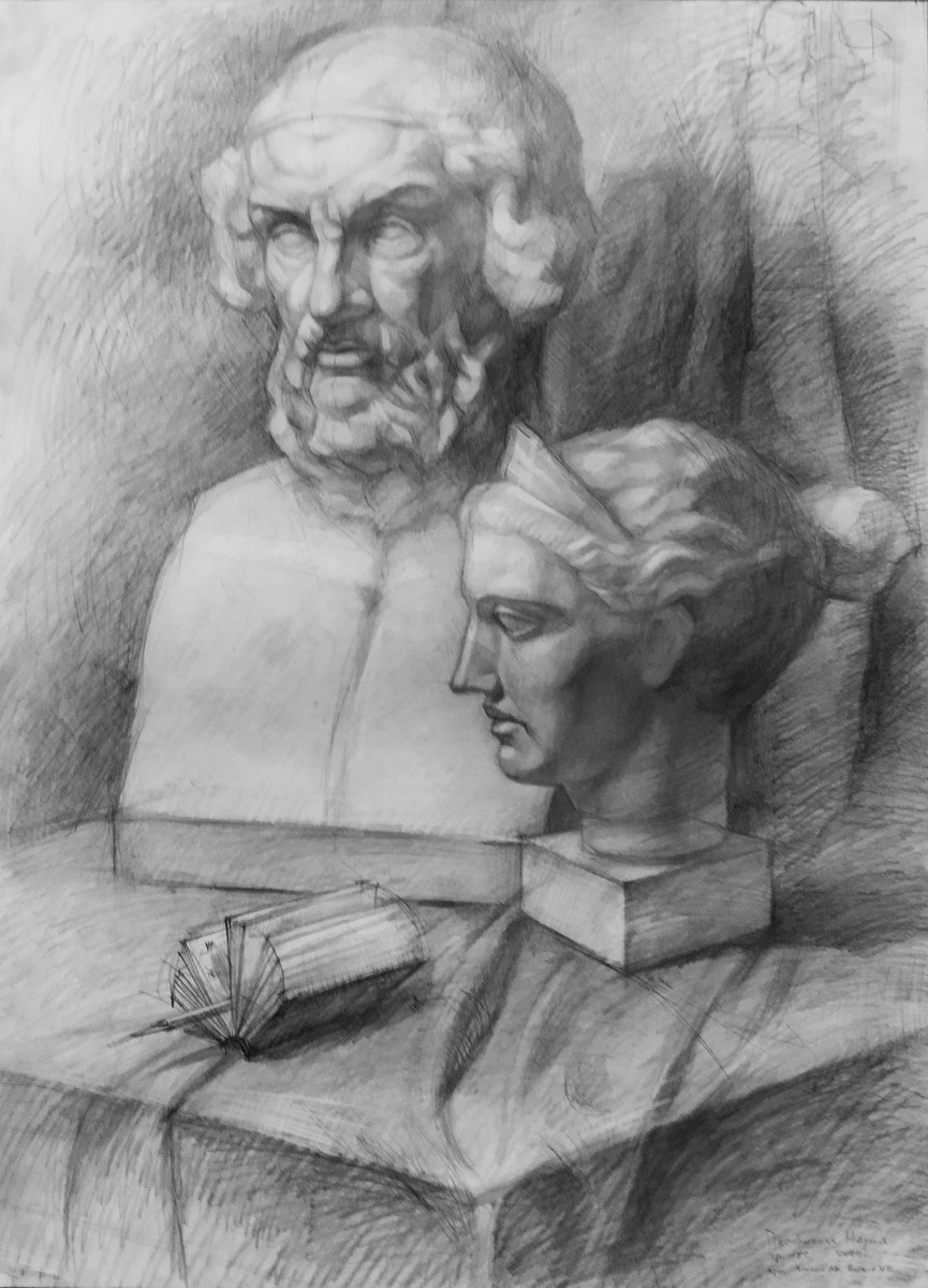 Песчанская Мария (Декоративно-прикладное искусство и народные промыслы), рисунок натюрморта с двумя гипсовыми слепками. Рук. : Лопато А. Б., Быков И. В.