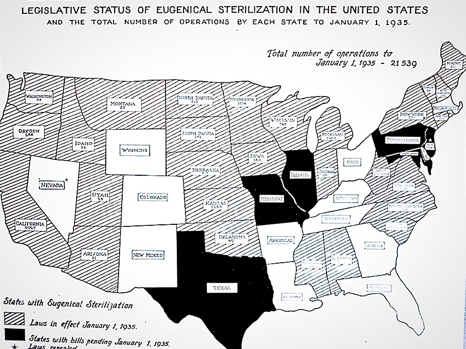 Карта США, на которой отмечены штаты с "евгенической" стерилизацией.