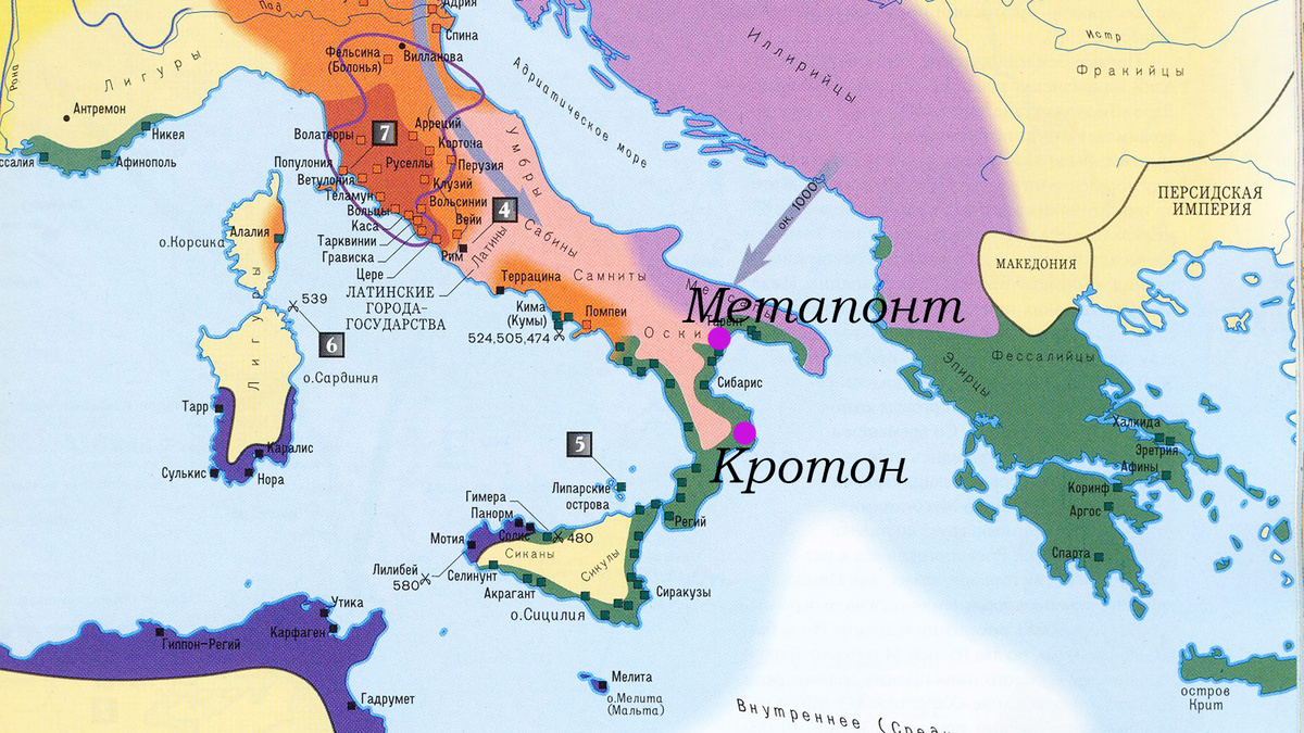Карта Великой Греции на юге Италии с отмеченными городами Кротон и Метапонт.