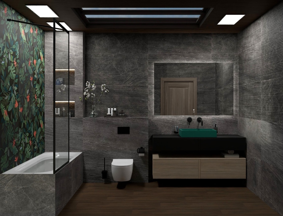 ✅Плитка в проекте: 
✔Базовая плитка: керамогранит Aspen Basalt от бренда Novabell (Италия), матовая поверхность, 120x60 см. 
✔Акцентная цветная плитка: керамогранит из коллекции Wonderspace от бренда Novabell (Италия), матовая поверхность, 120x60 см.