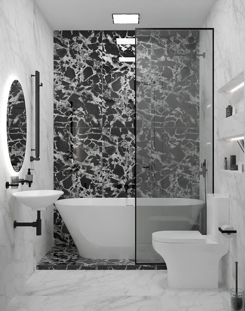 ✅Плитка в проекте: 
✔Акцентный керамогранит в зоне ванны: SENSI UP Grand Antique от итальянского производителя ABK, глянцевая поверхность, 60x120 см. 
✔Базовая плитка: керамогранит Диана Элегант от бренда Idalgo (Россия), лаппатированная поверхность, 60 х 120 см.