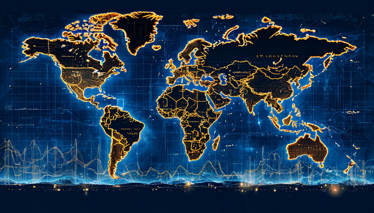 Светящаяся золотая карта мира на синем фоне