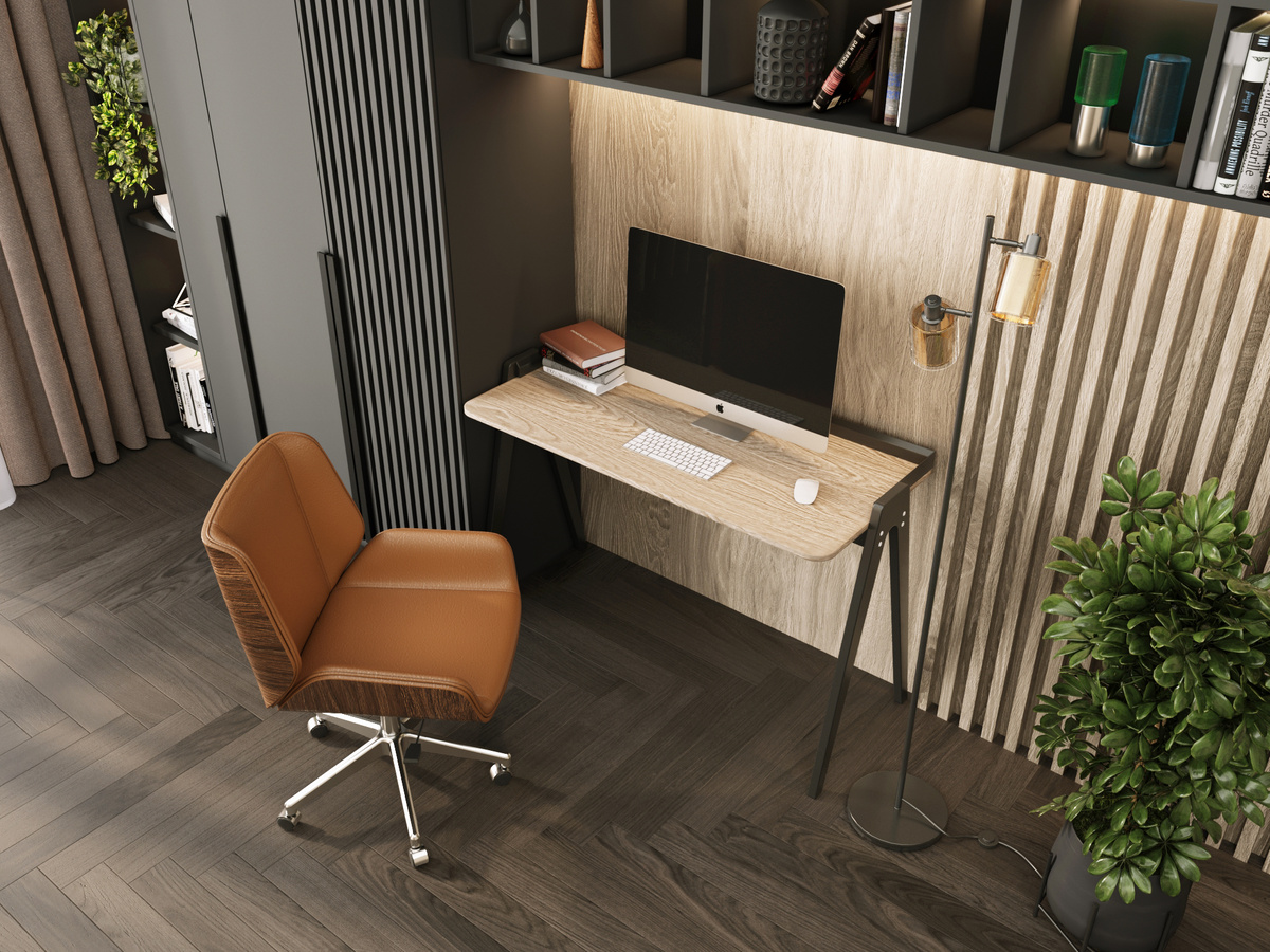 Кресло офисное TopChairs Crown коричневое, Стол письменный Pyramid 118х53 светлое дерево, черный, Торшер Moderli V3061-2F Suspent