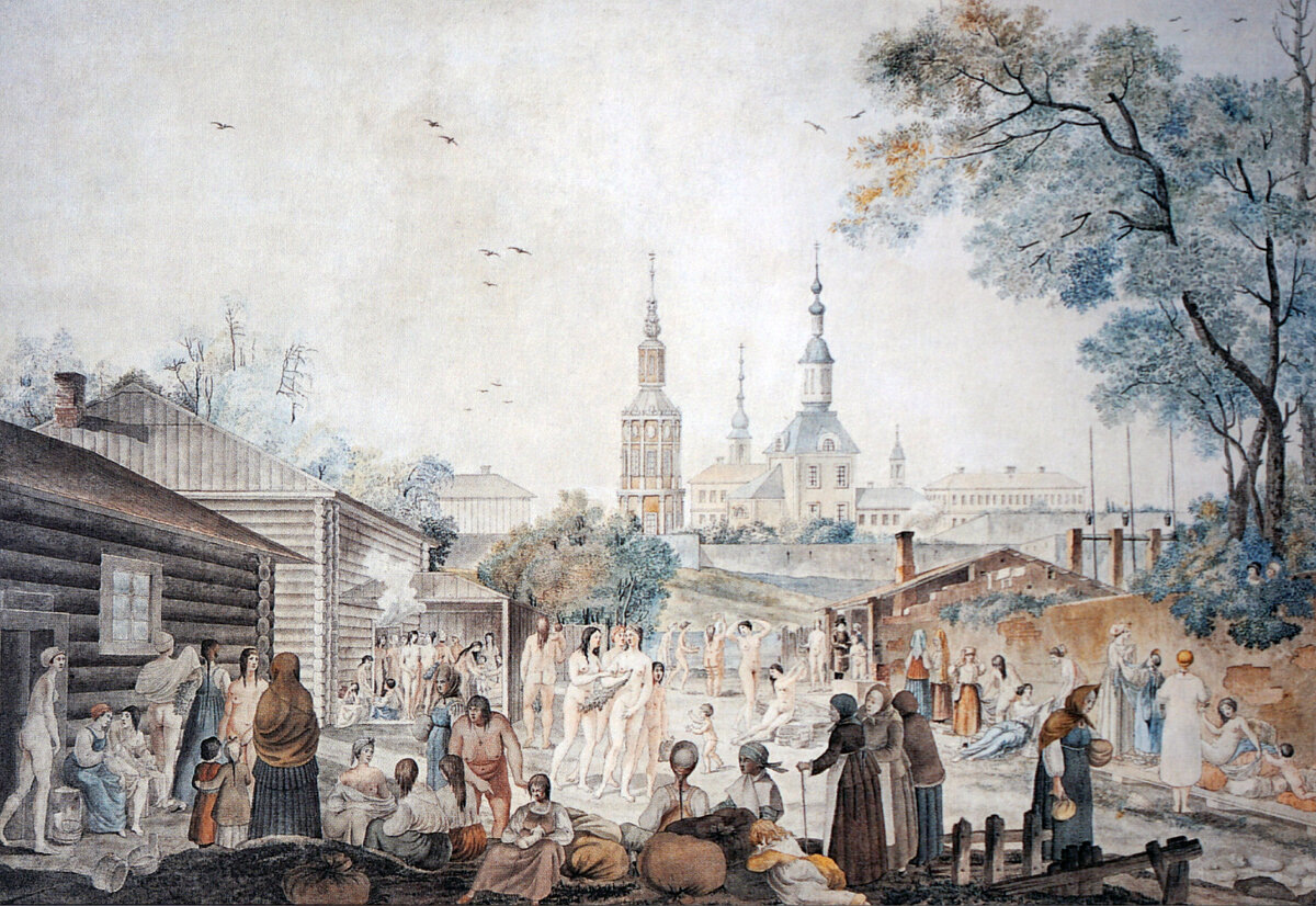 Гравюра Р. Аккермана  Серебрянические бани, были на набережной реки Яузы. 1813 год.