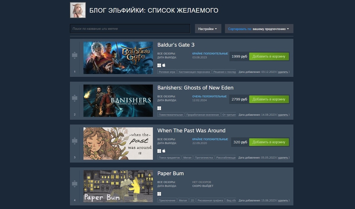 виш-листы в Steam