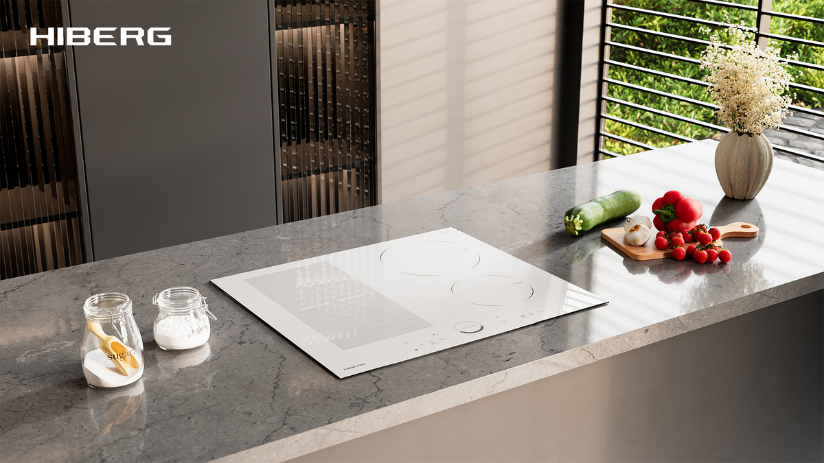 .HIBERG i-MS 6049 W — модель с 4 индукционными конфорками и объединением зон нагрева.