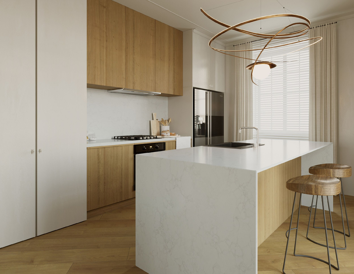 Спокойные, светлые тона кухни. Столешница и остров изготовлены из кварцевого камня DELTA BQ-8402 от Vicostone