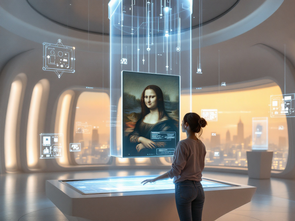 Голографические дисплеи отображают известные произведения, а человек взаимодействует с ними, используя сенсорный экран для изучения деталей