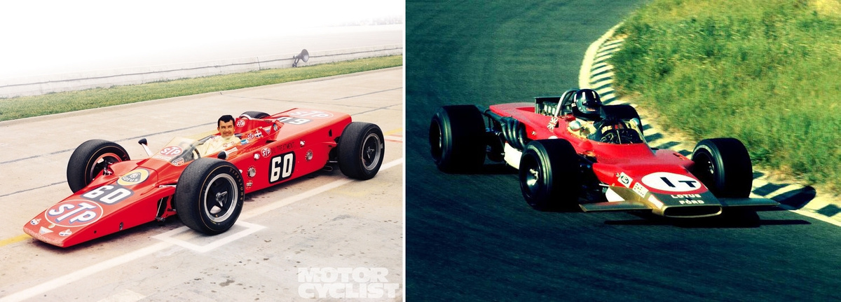 Слева: Джо Леонард на газотурбинном Lotus 56 перед гонкой «500 миль Индианаполиса» ‘68. Справа: Грэм Хилл на полноприводном Lotus 63, который команда тестировала и использовала в некоторых гонках сезона 1969 года. В этом болиде уже начали появляться клиновидные очертания.
