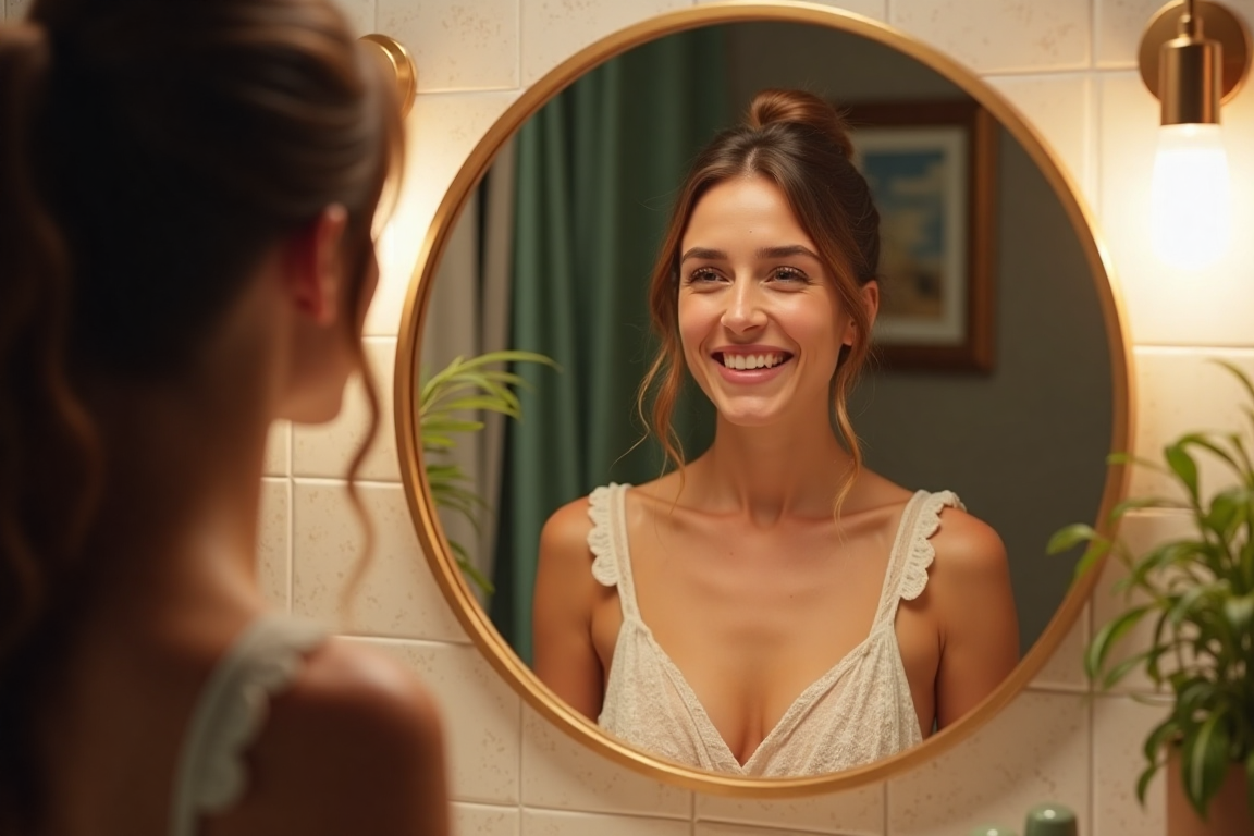 Женщина смотрит в зеркало