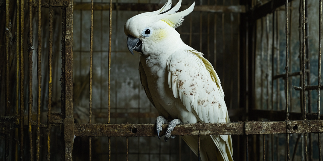 61-летний попугай без крыла сидел в грязной клетке со скунсами, но теперь он лает, как пёс