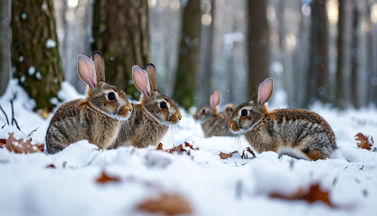 Дикие кролики, скрывающиеся в лесу, ищут безопасное укрытие в зимний период.