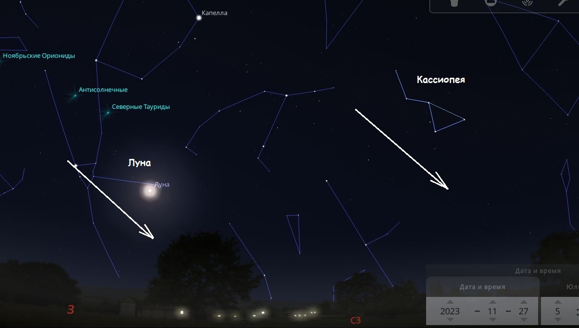 Луна уходит за горизонт, "мышка" Кассиопея движется параллельно и как бы машет хвостиком в сторону Луны, само созвездие при этом за горизонт не уходит!