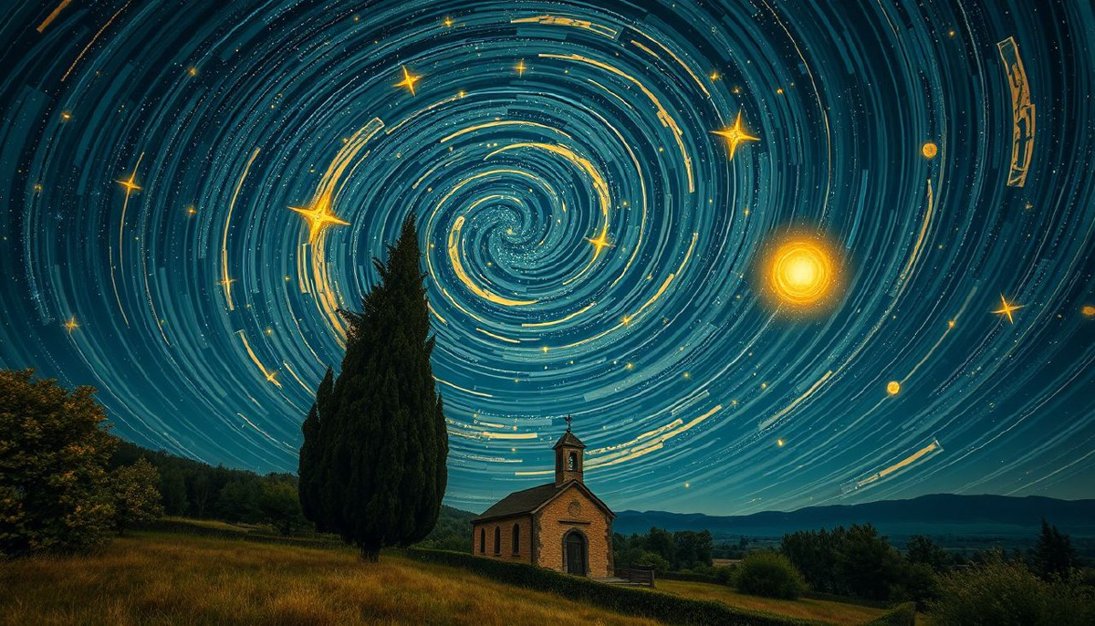 Вихри ночного неба кружатся над сонной деревушкой, словно космический вальс, написанный кистью безумного гения. . 