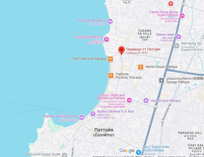 Схема. Расположение на пересечении Северной и Второй улицы (Second Road) центра Паттайи.