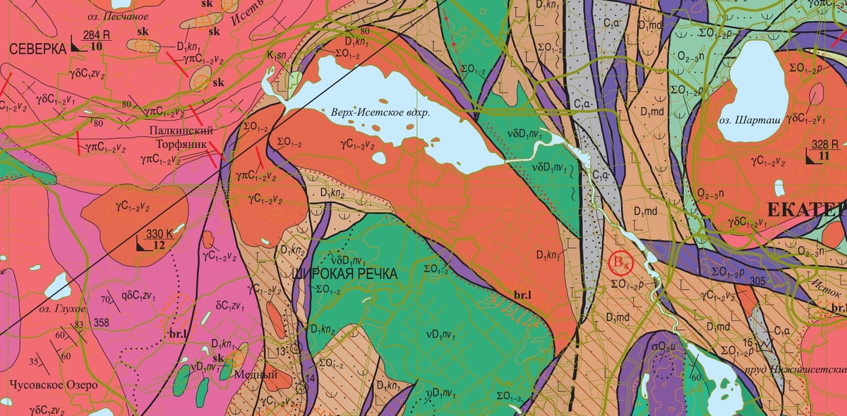 Красным обозначены граниты в районе Екатеринбурга. С ними связано рассыпное золото. 
