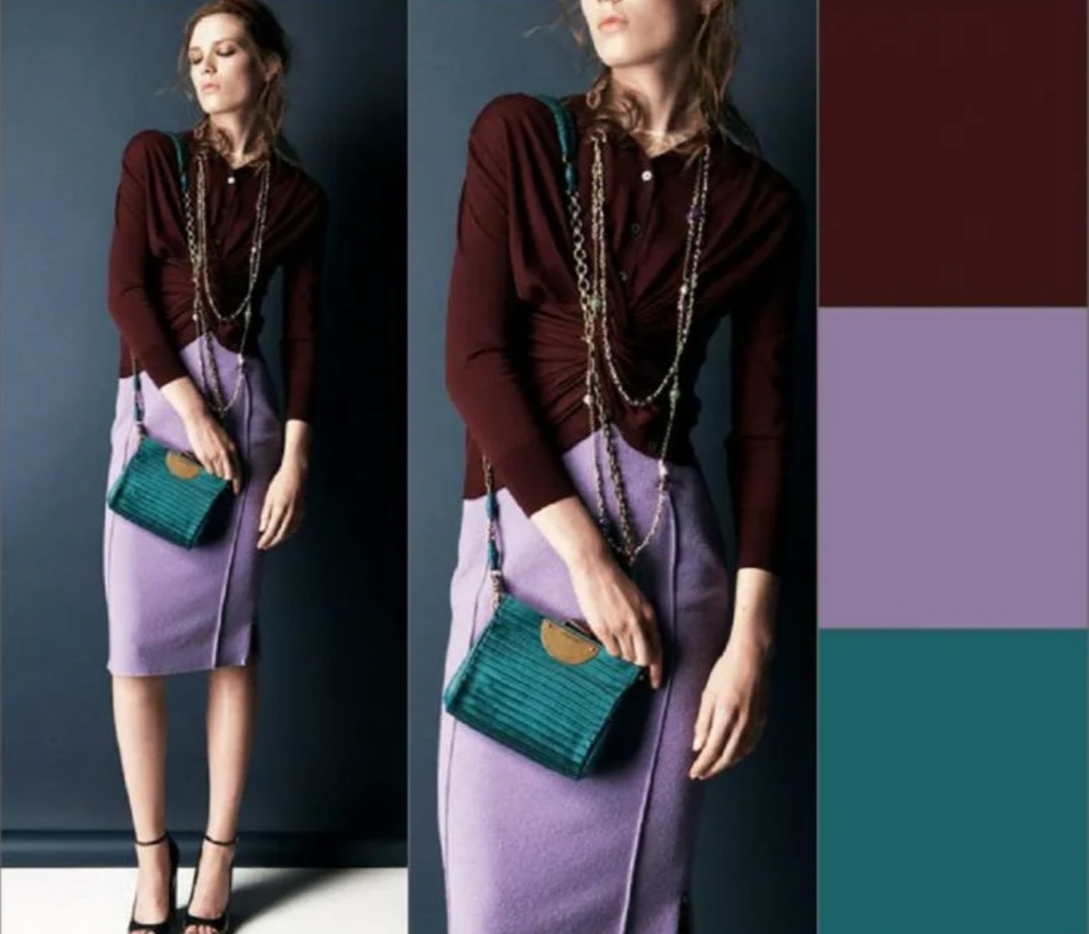 Здесь и сиреневый, и шоколадный являются основными. Зеленый - акцентный (сумочка).