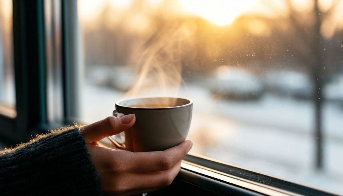 Крупный план руки, держащей чашку с дымящимся кофе, на фоне окна, слегка запотевшего от утреннего воздуха.