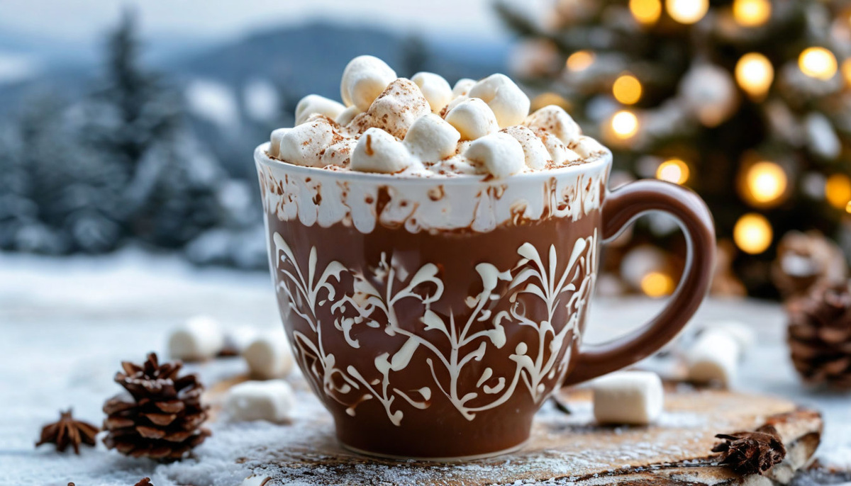 Крупный план кружки с горячим шоколадом, украшенной маршмеллоу, на фоне зимнего пейзажа.